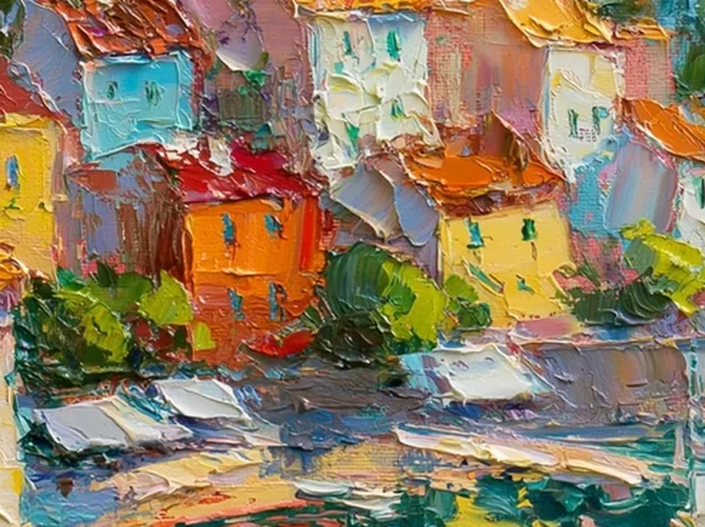 Detail crop showing thick knife strokes in the turquoise bay and orange rooftops of seaside town canvas IA36