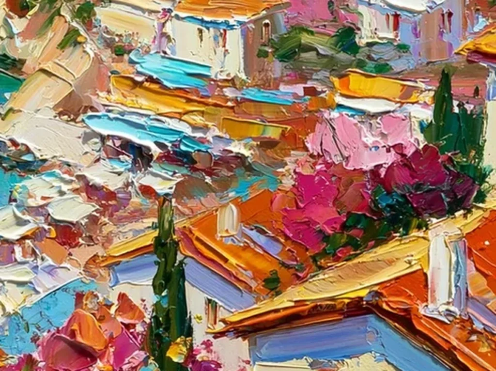 Close-up detail of thick palette knife strokes on the terracotta rooftops and pink bougainvillea in Amalfi coast painting IA37