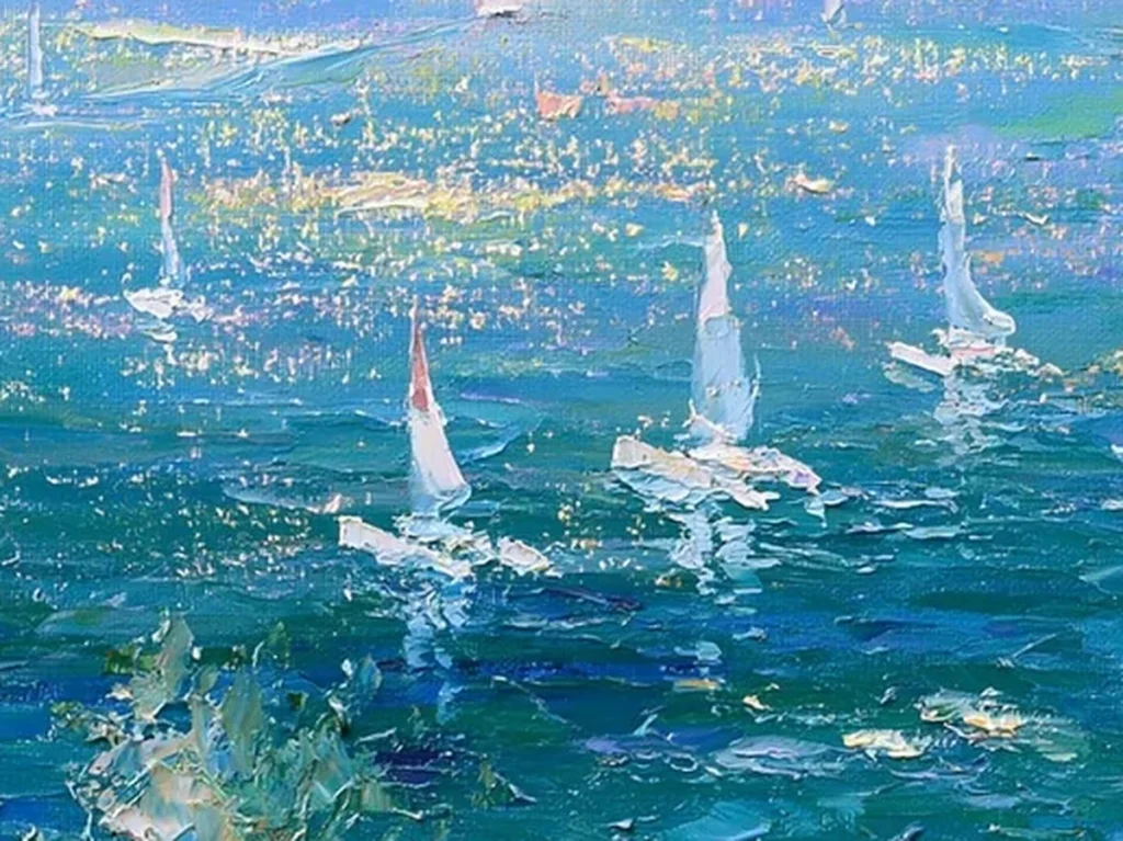 Texture detail crop of soft impasto strokes in the teal water and blush sky of misty harbor seascape painting IA38