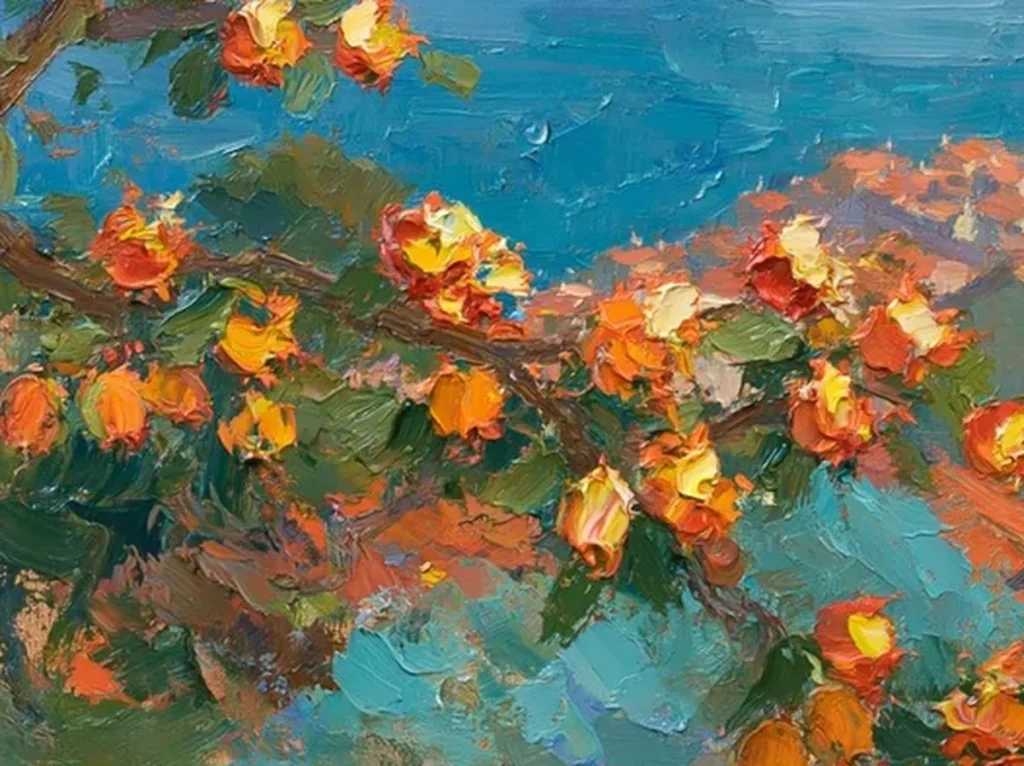 Detail crop of terracotta rooftops and thick orange blossom strokes on Mediterranean impressionist canvas IA39
