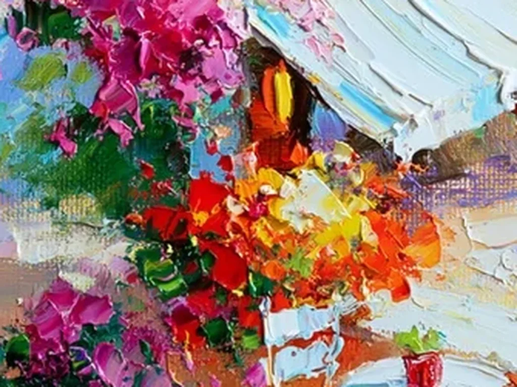 Close-up detail of the seaside terrace canvas IA40 with raised cream flagstone strokes, magenta flower dabs, and knife-worked turquoise water