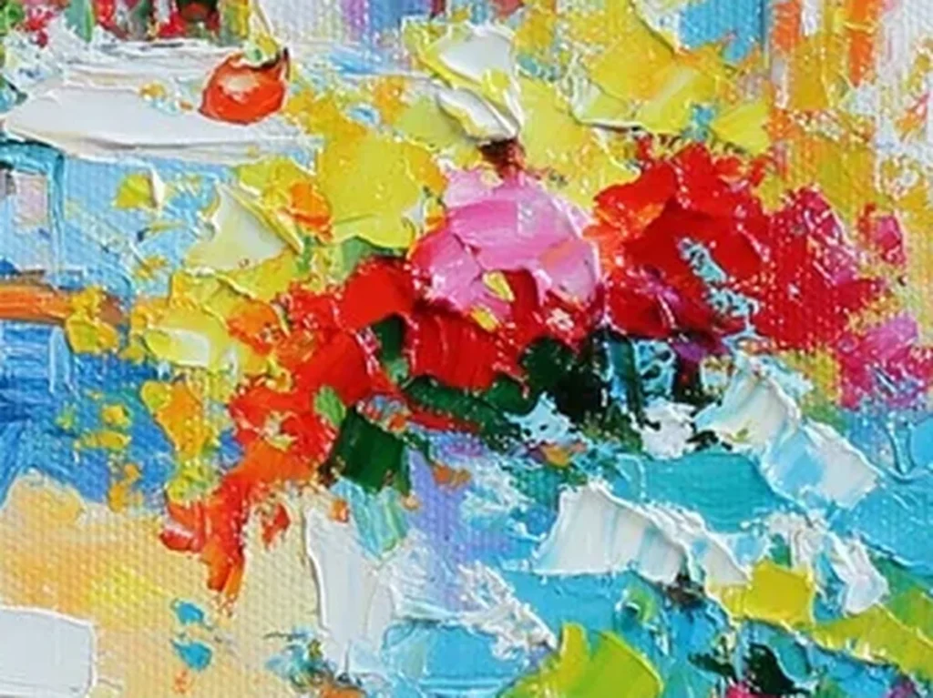 Texture detail crop from the whitewashed balcony canvas IA41 showing raised white knife strokes, pink flower dabs, and layered blue sea paint