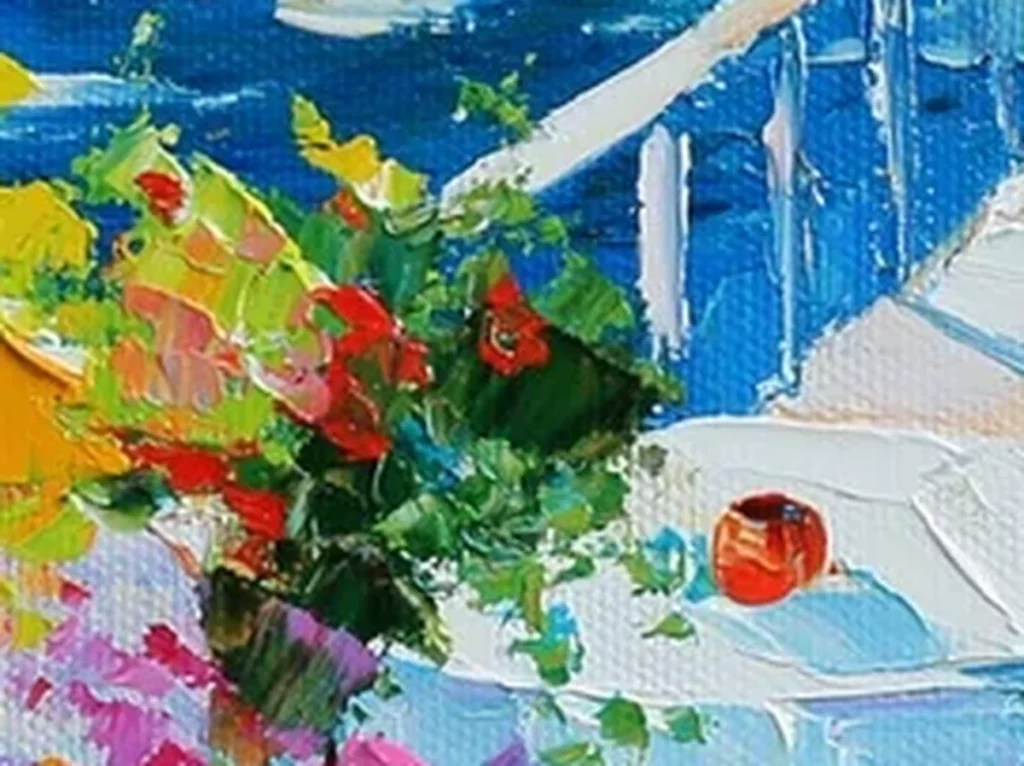 Extreme close-up of the IA41 balcony painting where thick orange citrus strokes and green leaf marks stand off the canvas in sharp relief
