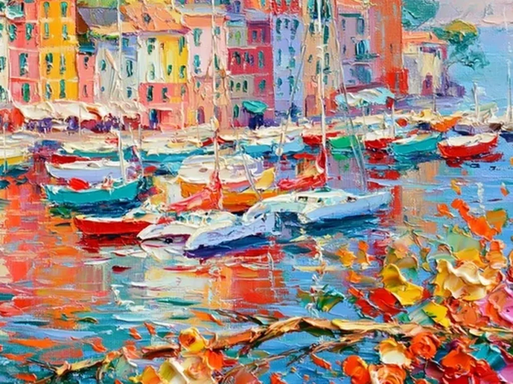 Detail crop of knife-painted orange and teal harbor reflections on impressionist coastal canvas IA42