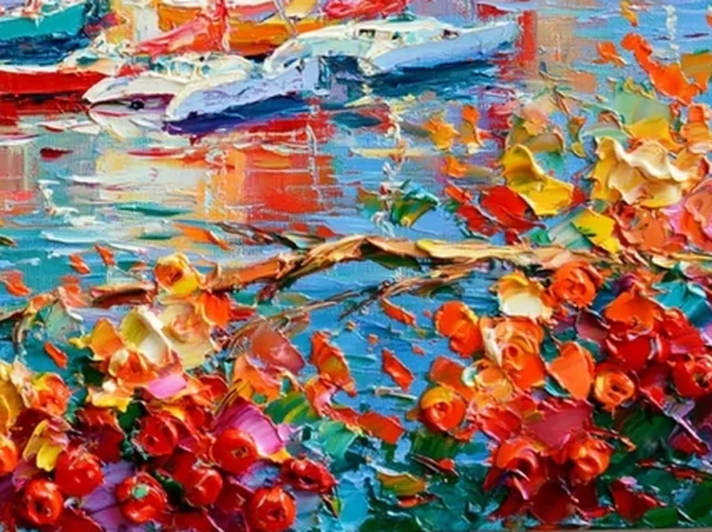 Extreme close-up of raised red and pink impasto blossoms on the flowering branch of harbor canvas IA42
