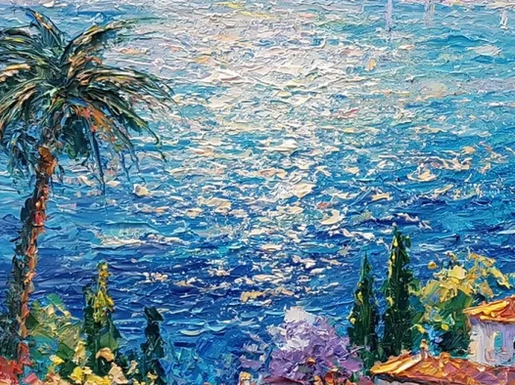 Close-up of thick knife-painted texture in the turquoise water and red fruit branch of Mediterranean seascape painting IA43