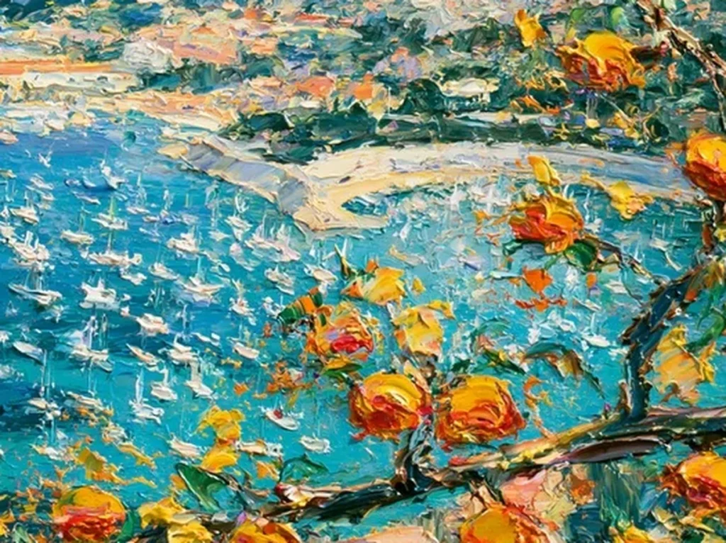 Texture detail of sculpted orange fruit and flecked turquoise harbor water on impressionist coastal canvas IA44