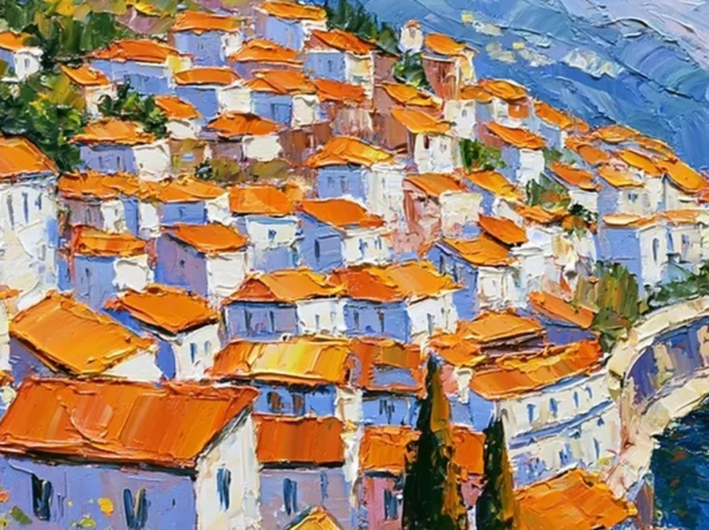 Detail crop of impasto orange rooftops beside the knife-stroked cobalt sea in Mediterranean village painting IA45