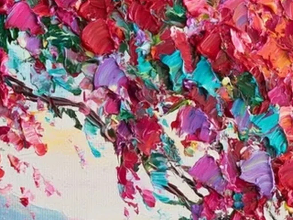 Close-up of raised magenta and violet knife-painted bougainvillea petals over turquoise water on canvas IA46