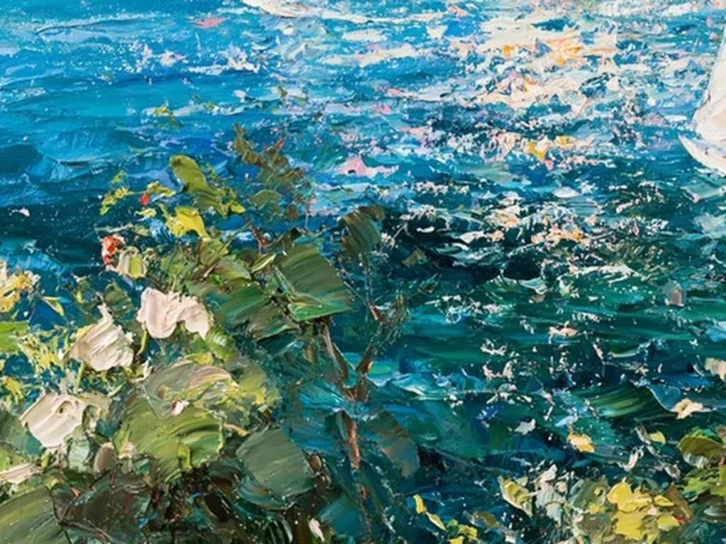 Texture detail of white impasto sails and teal knife-stroke water on coastal painting IA47