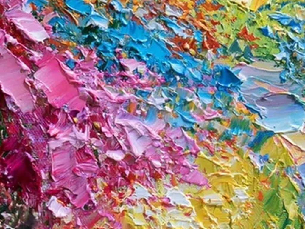 Close-up detail of raised impasto dabs in the magenta, orange, and gold flower bank of coastal painting IA48
