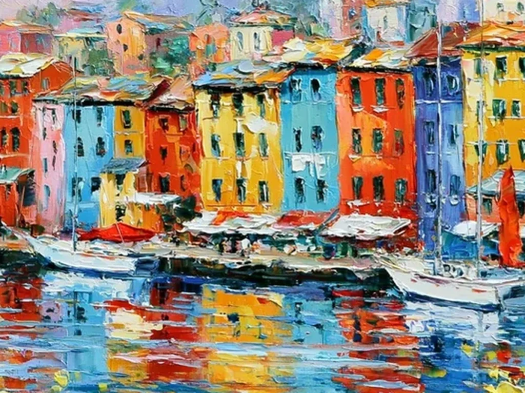Close-up detail of thick knife strokes on the coral and marigold harbor houses with blue water reflections, colorful Mediterranean harbor painting IA49