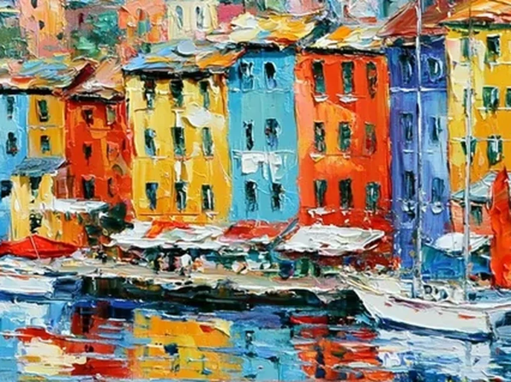 Extreme macro of raised oil paint ridges in the orange and violet flower border of Mediterranean harbor canvas IA49