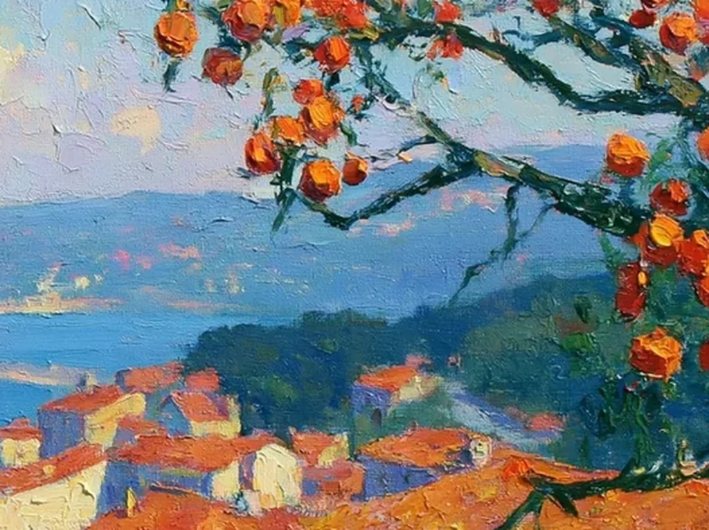 Close-up of textured terracotta rooftop strokes above the blue bay in Mediterranean rooftop painting IA50