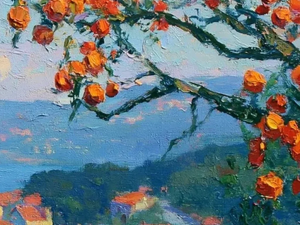 Extreme close-up of a thick orange citrus fruit daub with dark leaves on impressionist canvas IA50