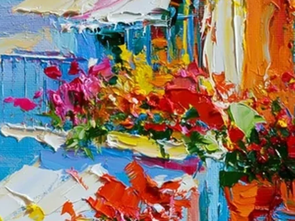 Detail crop of layered cobalt sea strokes and magenta flower dabs in seaside village painting IA51