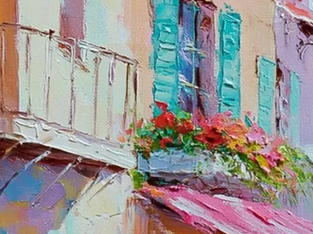 Close-up detail of knife-painted turquoise sea texture and raised flower daubs on Mediterranean village steps canvas IA52