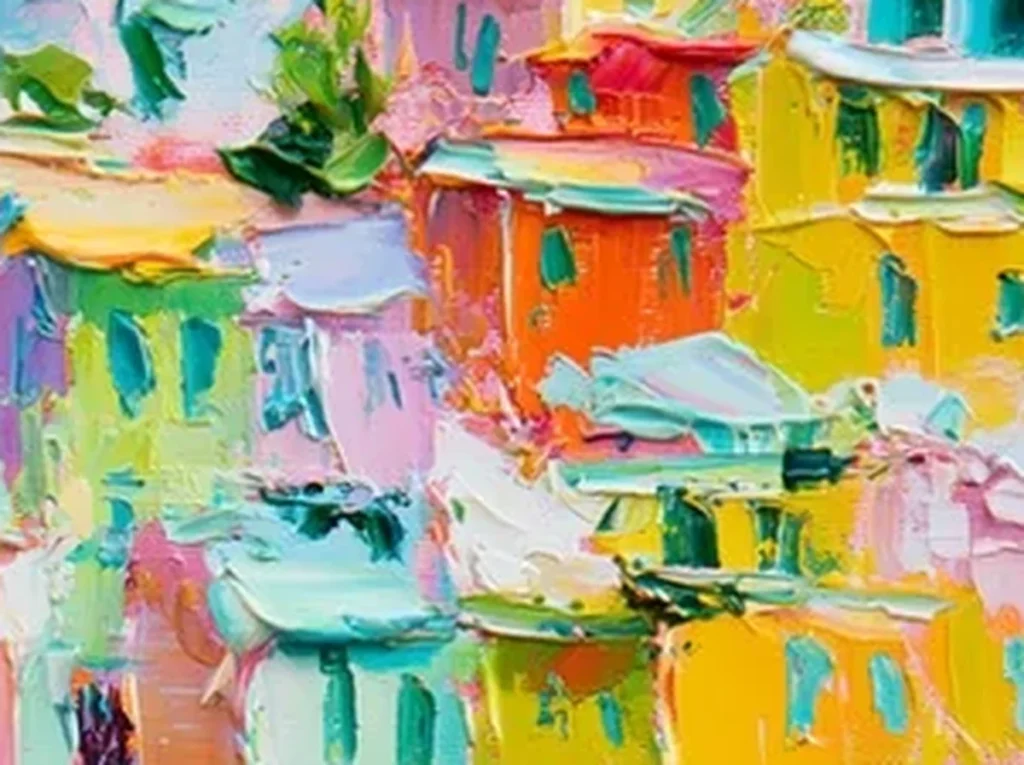 Close-up of impasto knife facets on the pastel pink and yellow houses of cliffside village canvas IA53