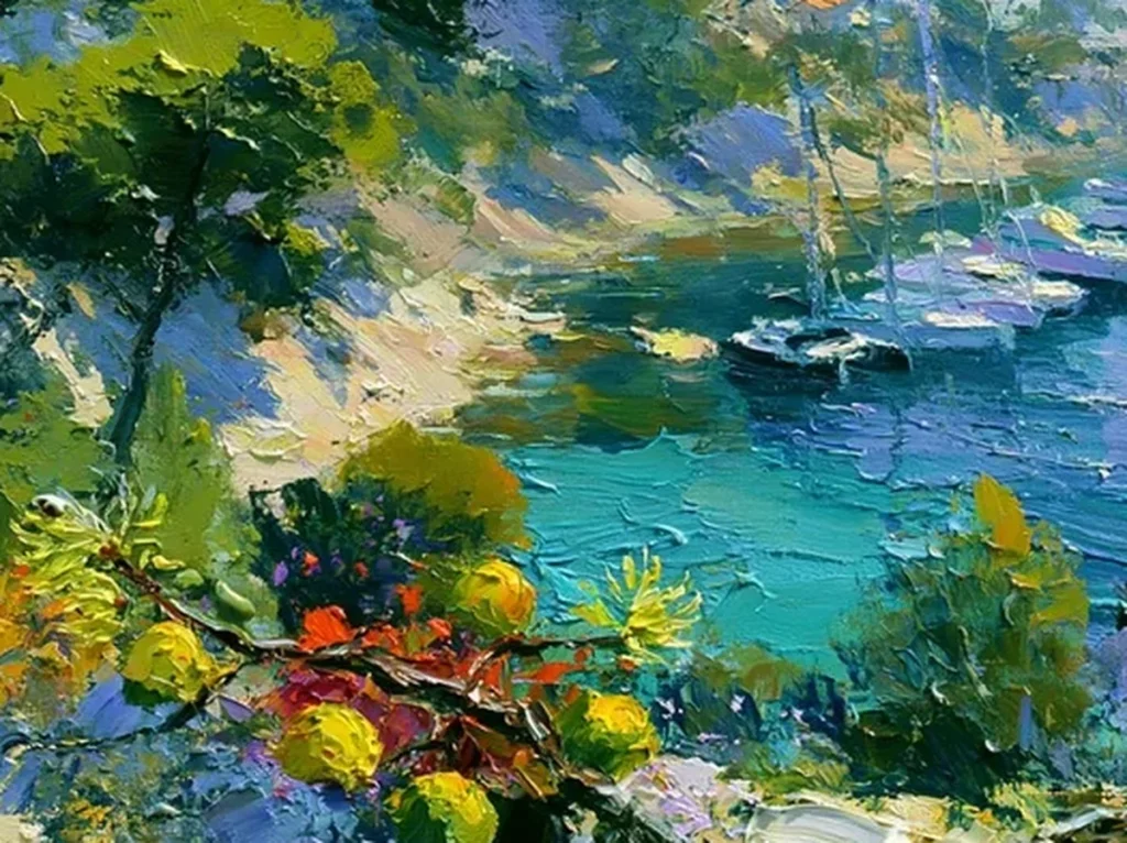 Detail crop of impressionist brushwork in the turquoise cove water and white sailboats of seascape painting IA54