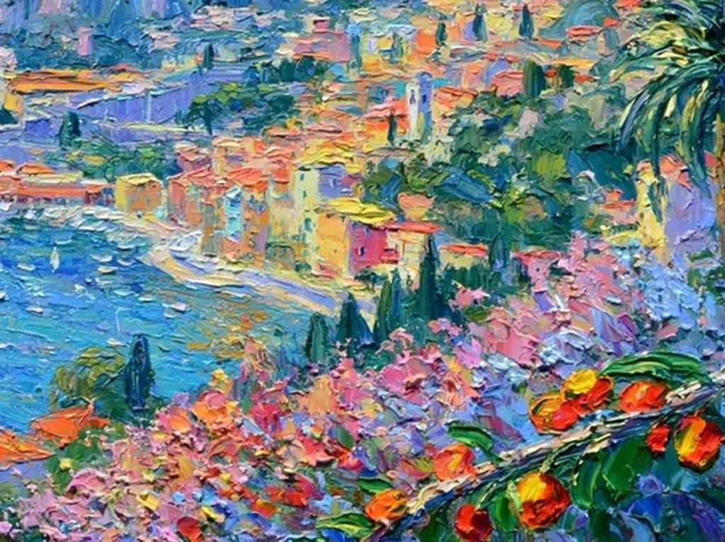 Close-up detail of raised pale yellow and white knife dabs sparkling across the blue bay water of impressionist canvas IA55