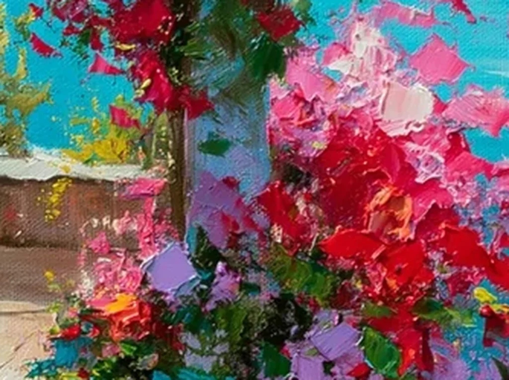 Texture detail of raised magenta and red bougainvillea petals beside turquoise sea strokes on coastal terrace painting IA56