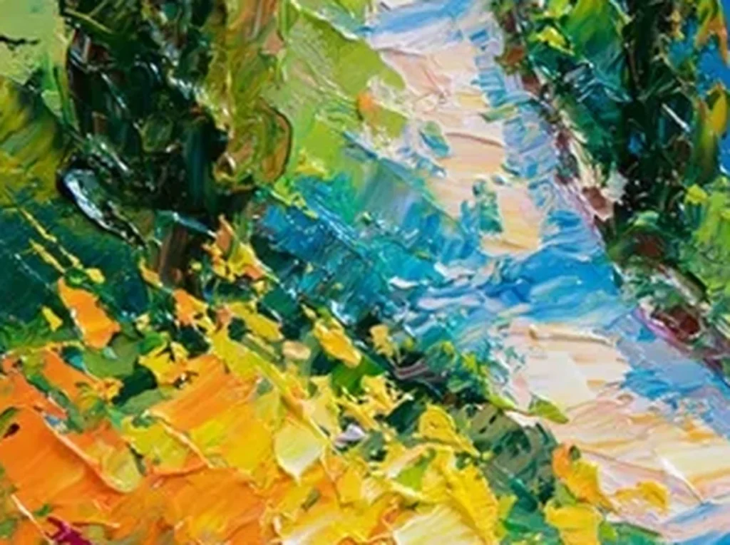 Detail crop of the pale stone path and knife-built blue sea texture in coastal painting IA57
