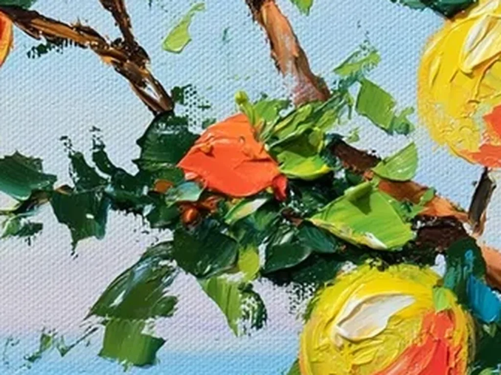Close-up of thick golden citrus fruit and magenta flower knife strokes in Mediterranean coastal painting IA58