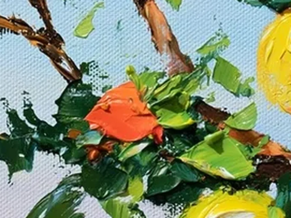 Extreme macro of raised oil paint ridges on a golden citrus orb in canvas IA58