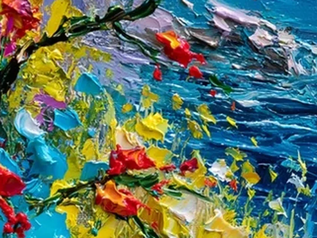 Close-up detail of raised magenta, yellow, and red knife strokes on the flowering cliff canvas IA59
