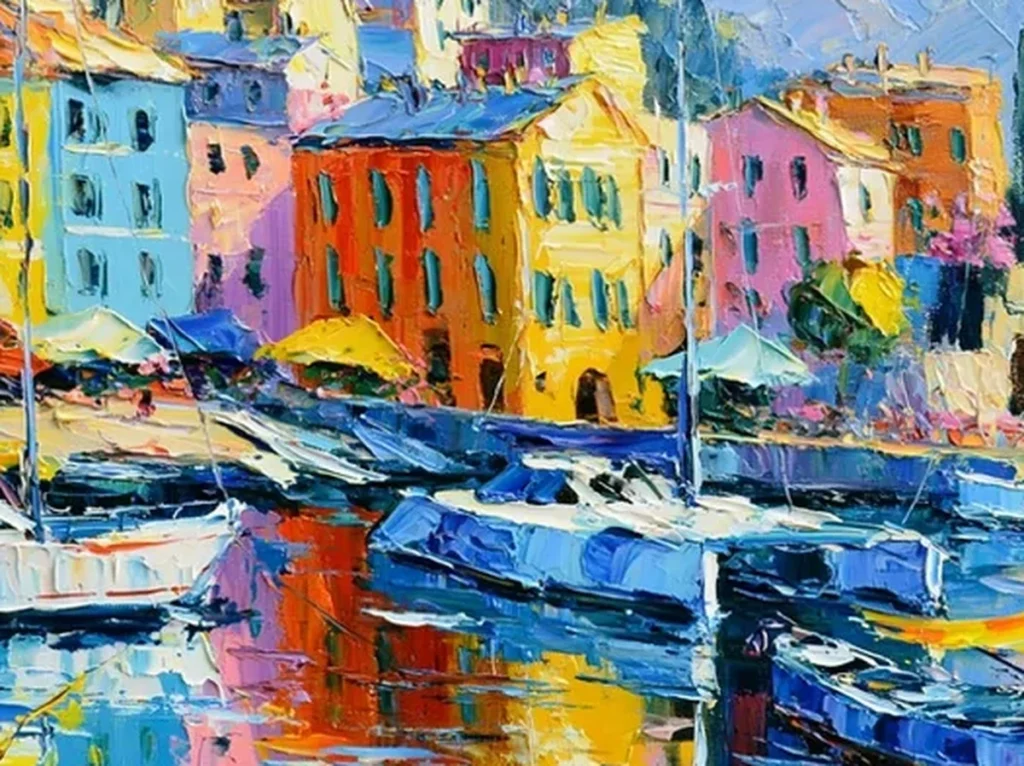 Close-up crop of thick knife strokes where red and gold reflections drop into the blue harbor water of impressionist canvas IA60