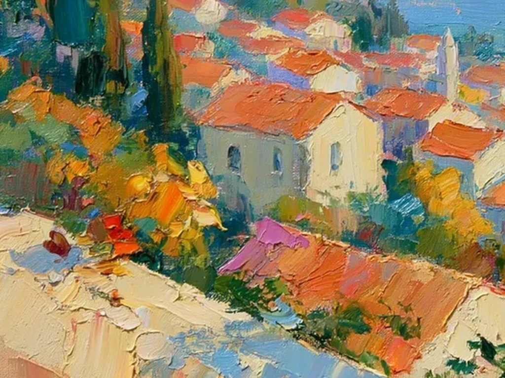 Detail crop of layered knife strokes in the terracotta rooftops and hazy blue bay of impressionist canvas IA61