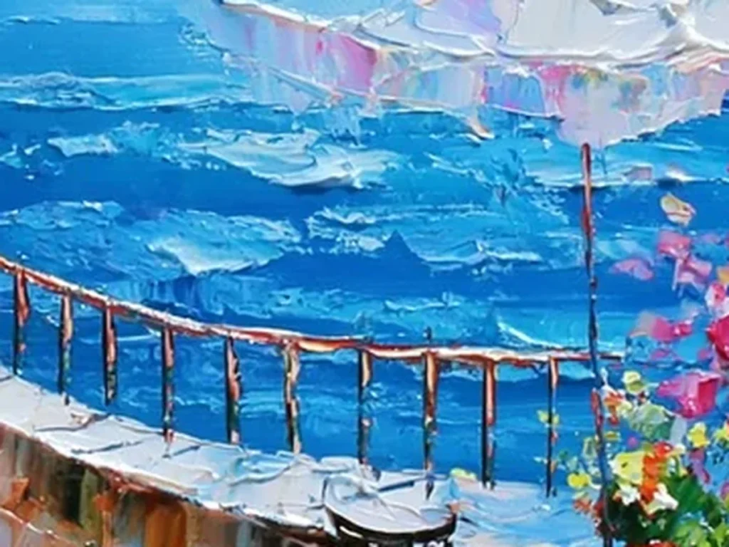 Close-up of thick red and pink flower dabs above knife-worked blue sea on terrace oil painting IA62