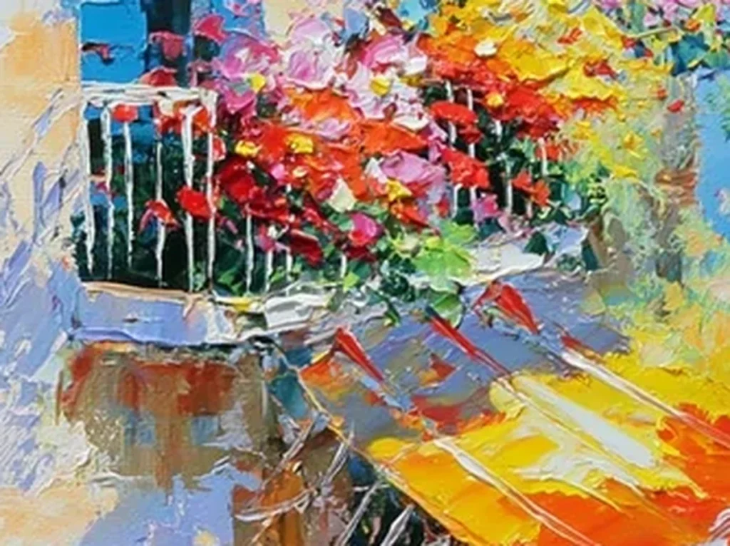 Close-up detail of raised knife strokes in the magenta flowers and orange striped awning of seaside cafe terrace canvas IA63