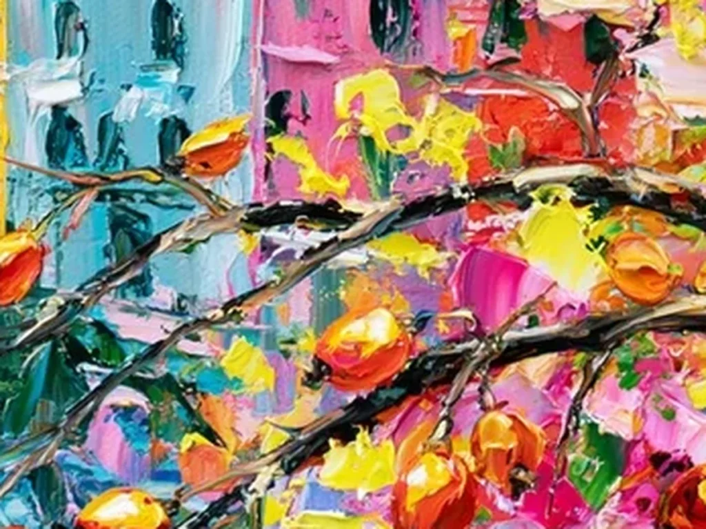 Detail crop of thick knife dabs forming coral and yellow houses on pastel coastal village canvas IA64
