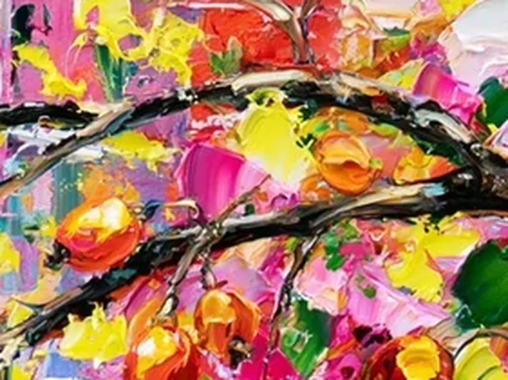 Extreme macro of raised oil paint dabs in pink, orange, and turquoise on coastal village painting IA64