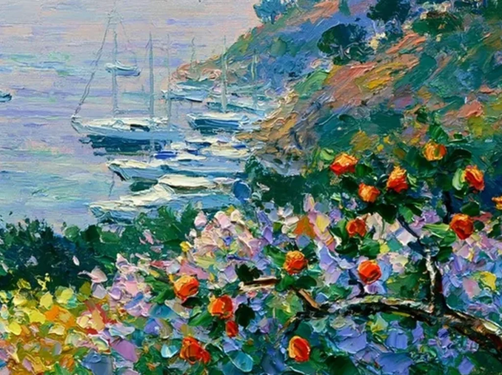 Close-up of impasto knife texture in the lavender and pink wildflower bank of sheltered bay harbor canvas IA65