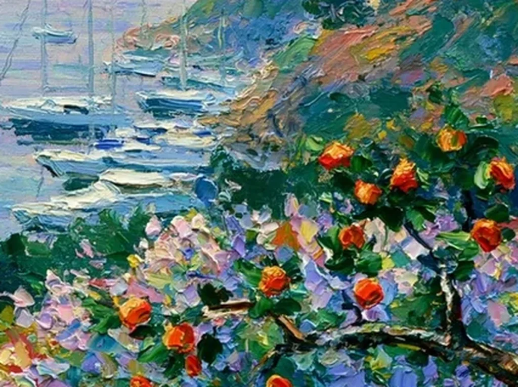 Extreme macro of raised cream and lavender oil paint ridges on sailboat bay painting IA65