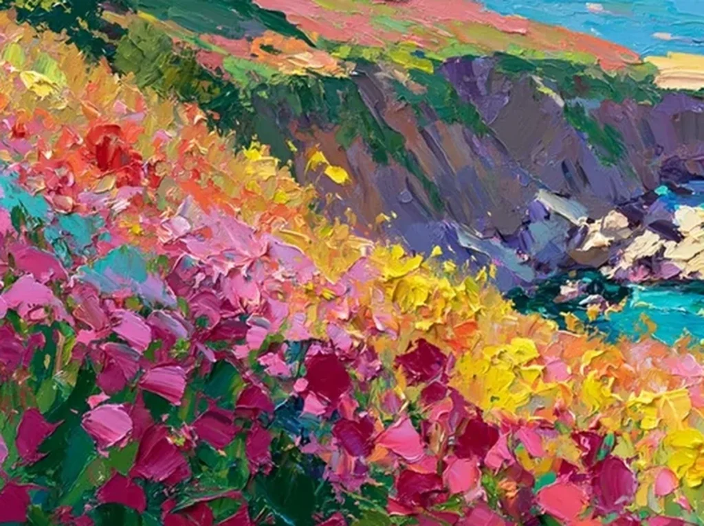 Close-up detail of thick knife-painted magenta, yellow, and orange wildflowers on coastal canvas IA66