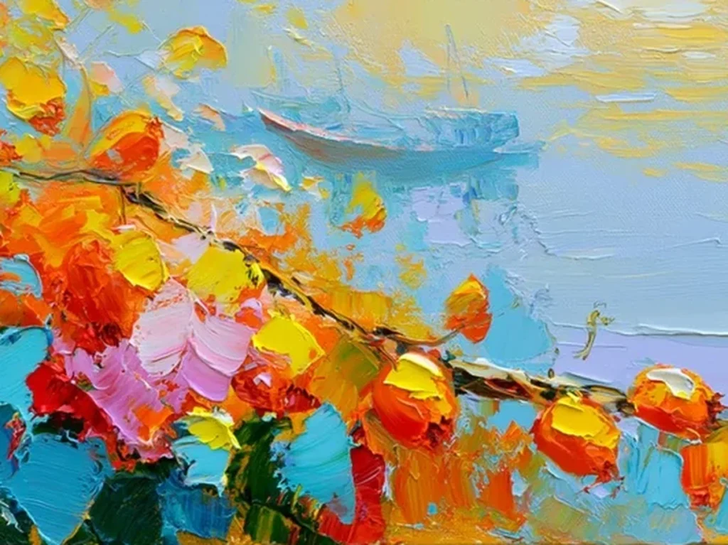 Detail crop of raised orange and yellow paint daubs on the branch of misty harbor canvas IA67