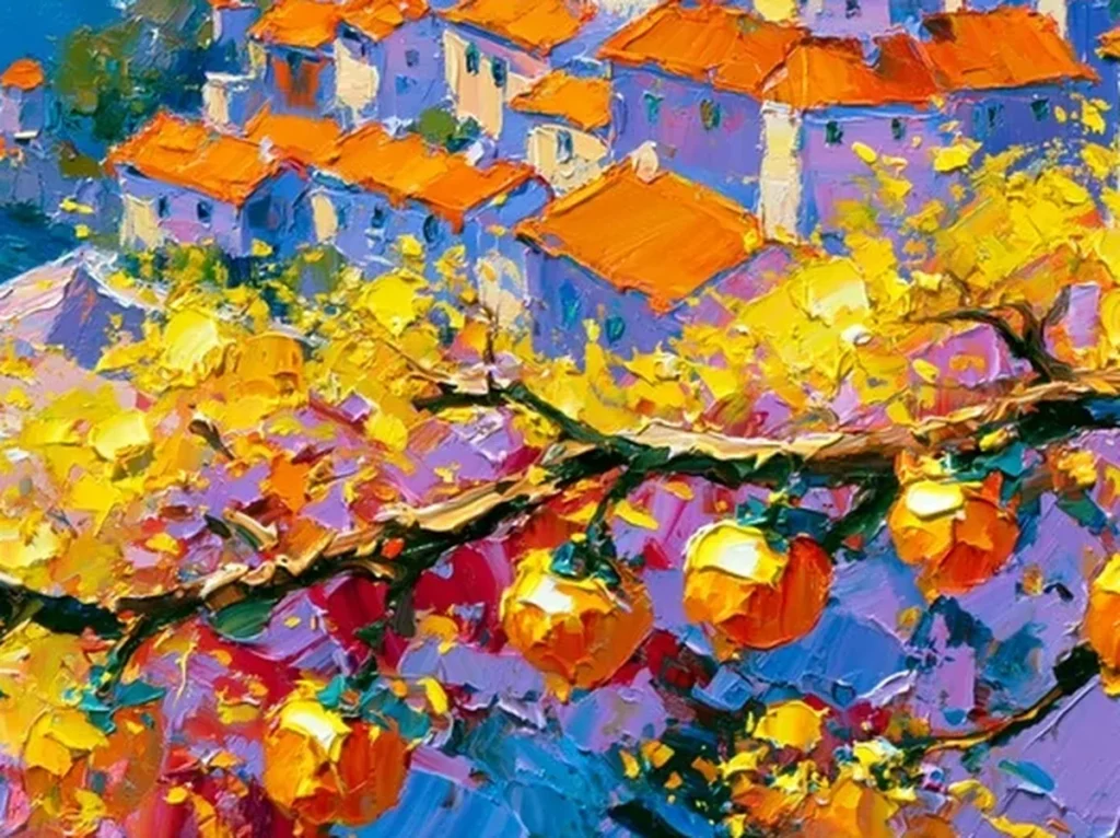 Texture detail of orange tile roofs and golden lemon paint mounds on cliff village canvas IA68