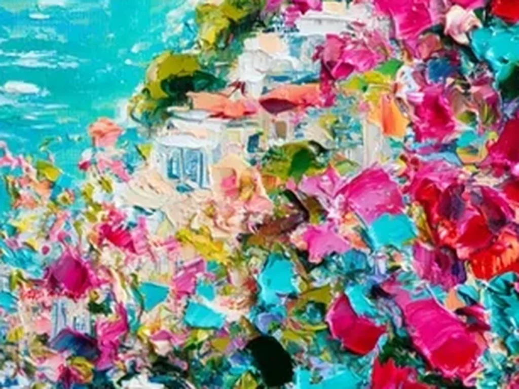 Close-up of thick magenta and red bougainvillea knife strokes over the white plaster wall in Mediterranean doorway painting IA69