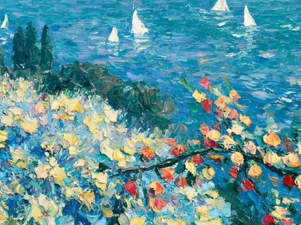Detail crop of teal and violet knife strokes with white sailboats on the textured blue bay painting IA70