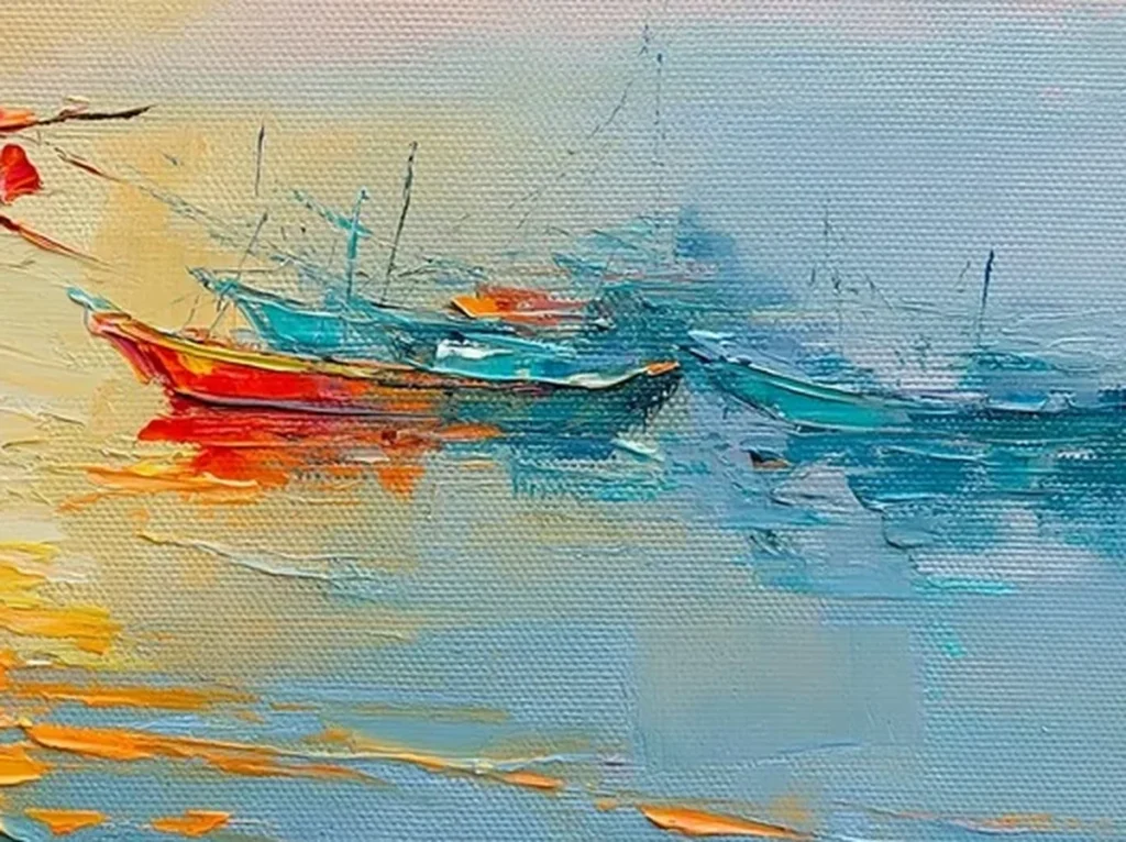 Texture detail of thick golden fruit daubs and the orange sun reflection on coastal harbor painting IA71