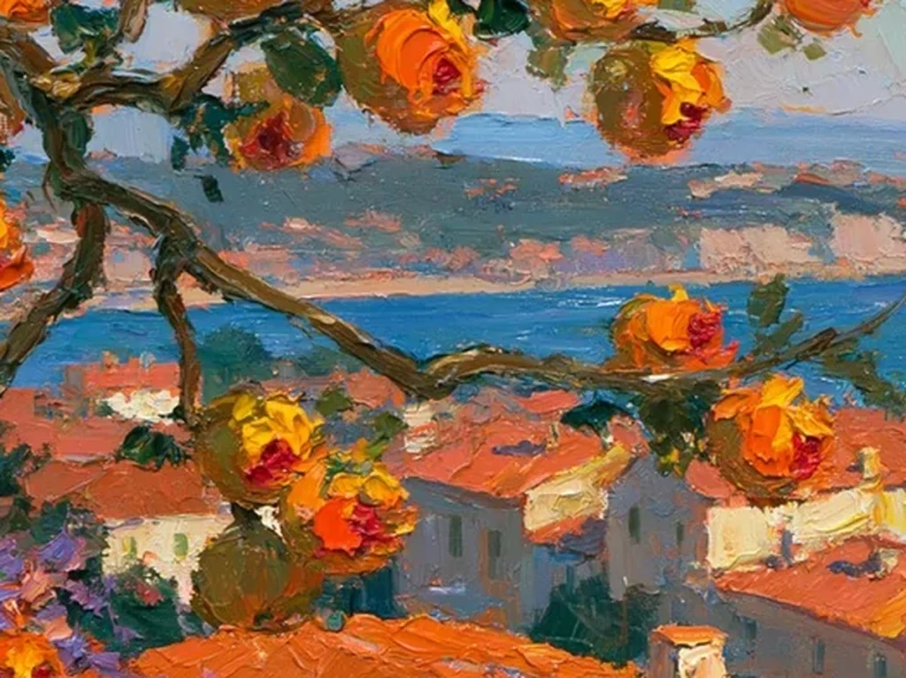 Detail crop of thick impressionist strokes across the terracotta tile rooftops and cream walls of coastal painting IA72