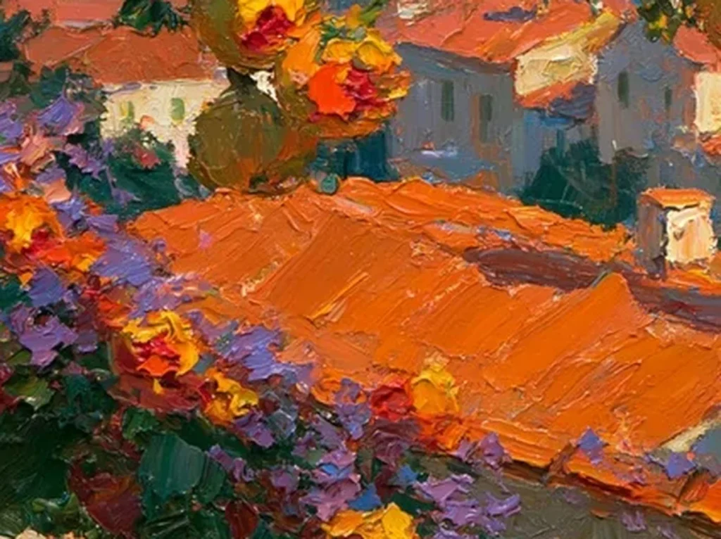 Extreme close-up of raised oil paint ridges where orange fruit dabs meet the deep blue bay strokes on canvas IA72