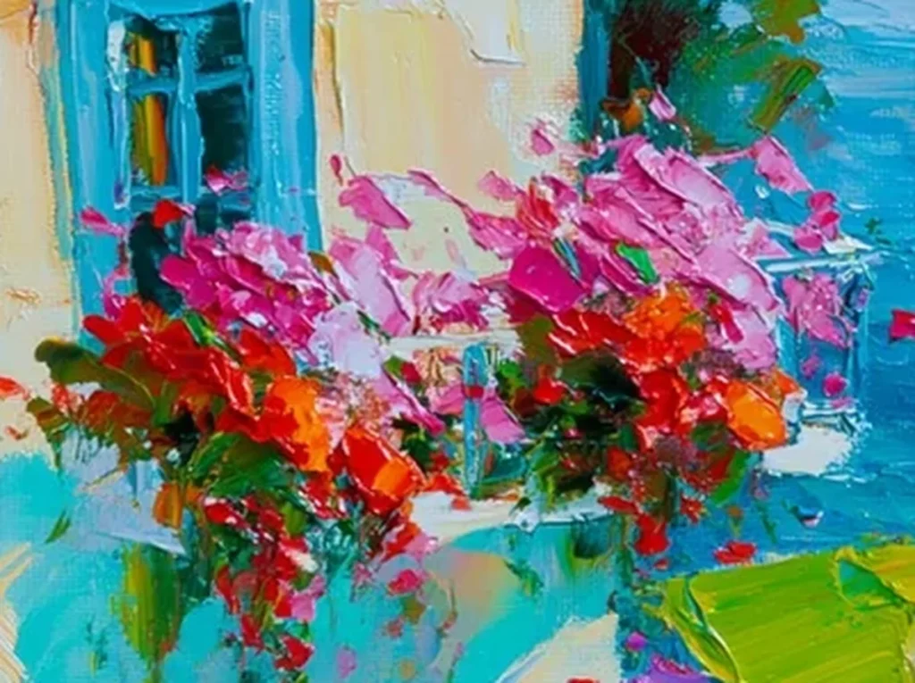 Detail crop of knife-built magenta flowers beside turquoise sea strokes on coastal village painting IA73