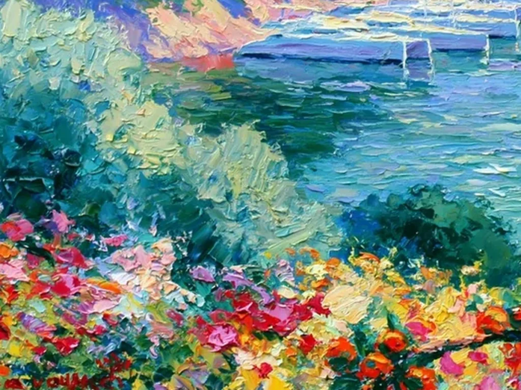 Detail crop of stippled seafoam and lavender water dabs around white sailboats on cove painting IA74