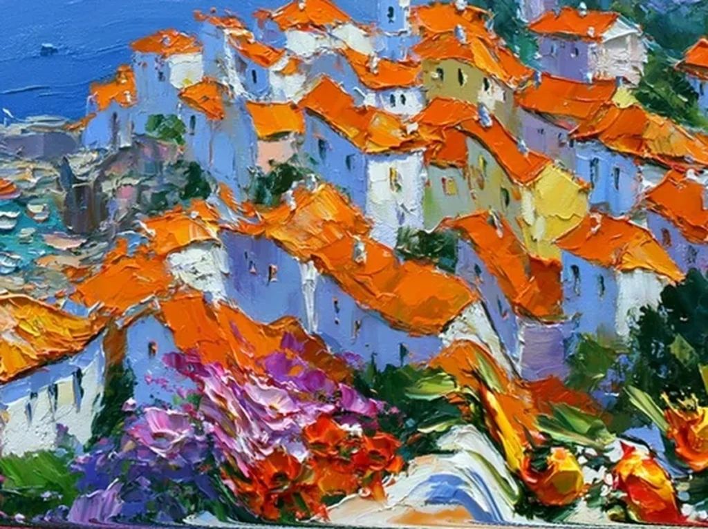 Close-up detail of thick knife strokes forming orange terracotta rooftops and deep blue sea on Mediterranean village painting IA75