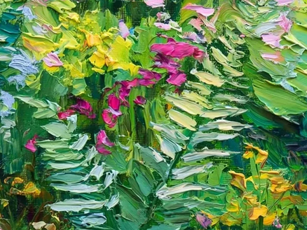Close-up of raised palette knife fern leaflets and magenta bleeding heart dabs on textured garden canvas IA76