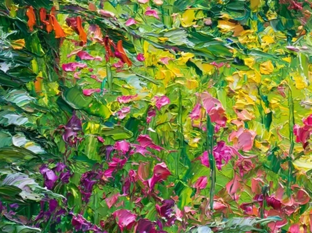 Close-up of impasto red and magenta flower dabs over layered green leaves on wildflower garden painting IA77